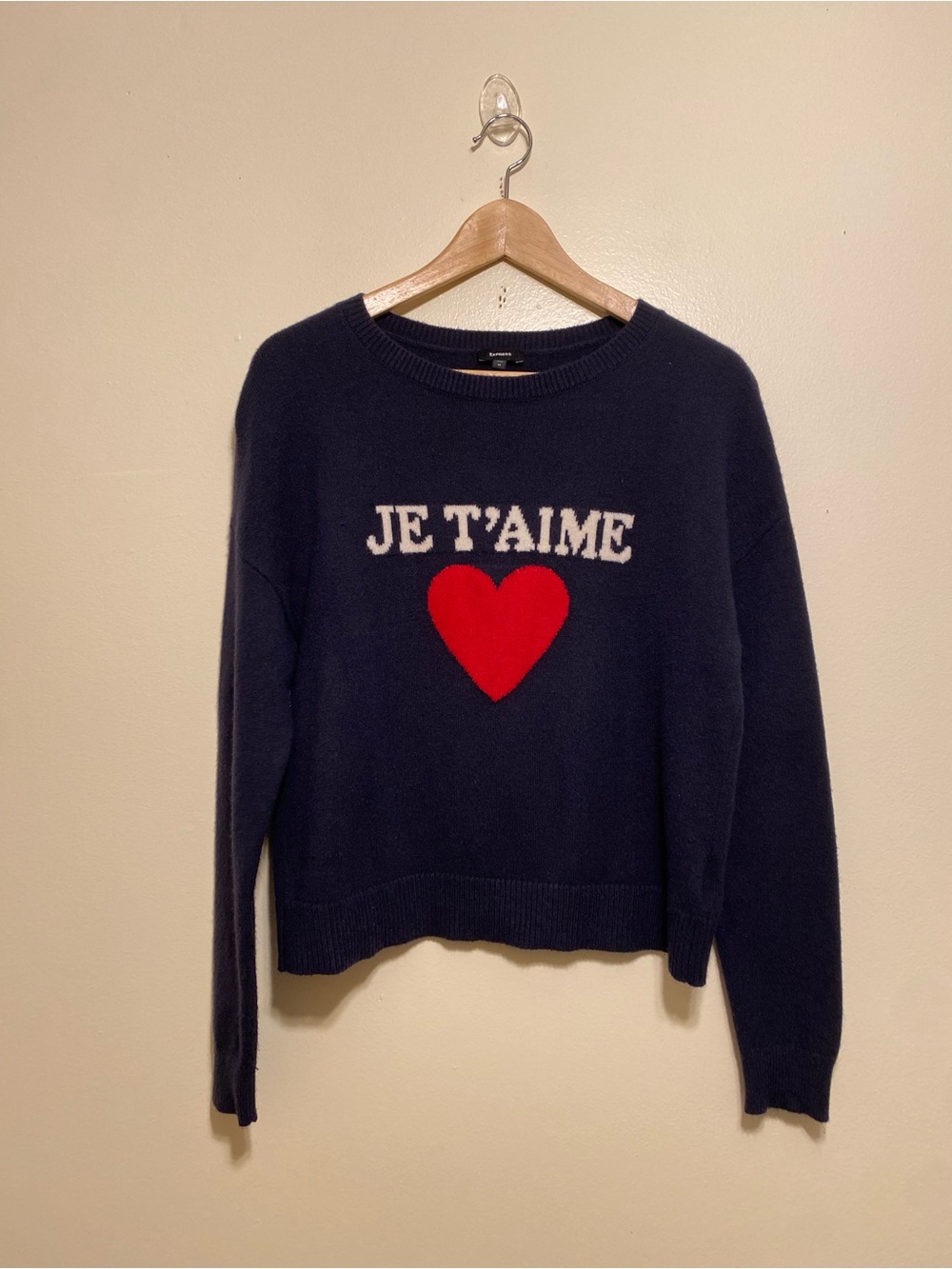 Express Navy Crewneck Sweater with Red Heart & White Text. Size XS